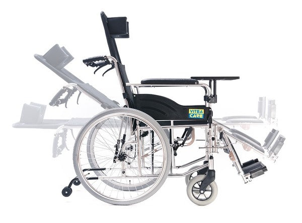 Черна рингова инвалидна количка Vitea Care Recliner VCWK703 с падаща облегалка
-положения при сваляне на гърба